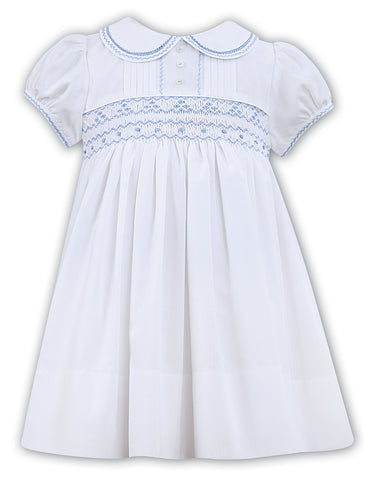 Classic White Pleated Dress with Blue Smocking