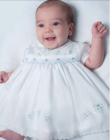 Baby Girls White Smocked Dress with Embroidered Blue Flowers