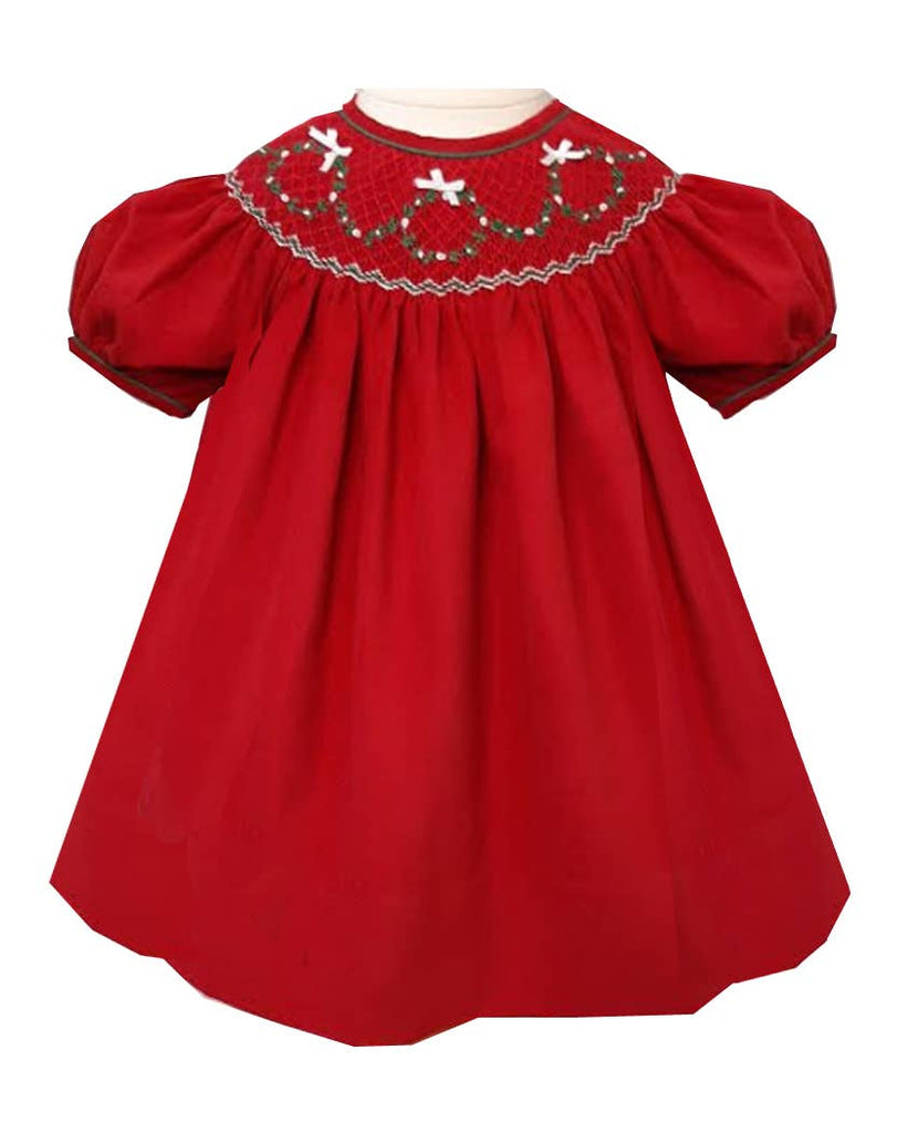 Baby Girls Red Corduroy Smocked Christmas Wreath Bishop Dress - SOLD OUT