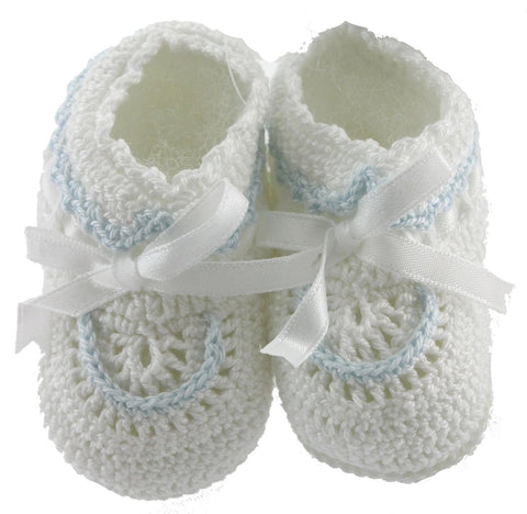 Boys White Crochet Booties with Blue Trim and White Satin Ribbon