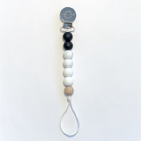 Sugar + Maple Pacifier + Teether Clip- Silicone with 1 Beechwood Bead - Black, Granite, White