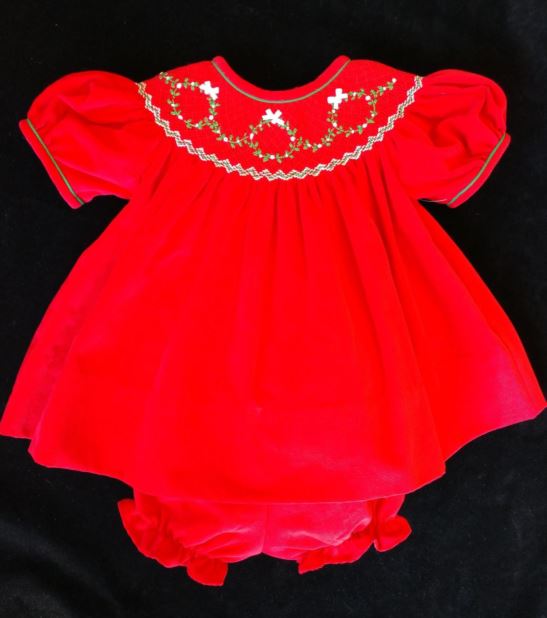Red Corduroy Wreath Bishop Christmas Dress