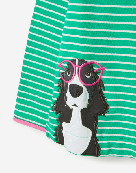 Girls Green Stripe Zip Sweatshirt with Dog Applique