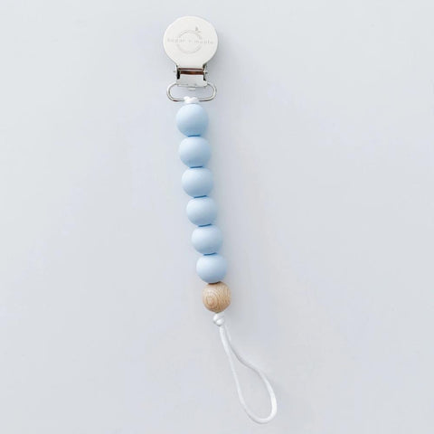 Pacifier + Teether Clip- Silicone with 1 Beechwood Bead - Blue