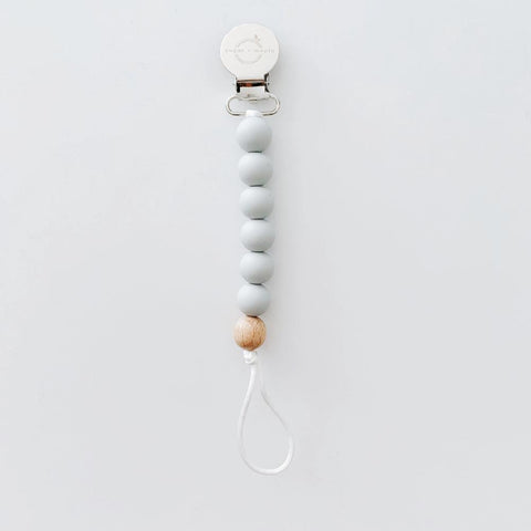 Pacifier + Teether Clip- Silicone with 1 Beechwood Bead - Grey