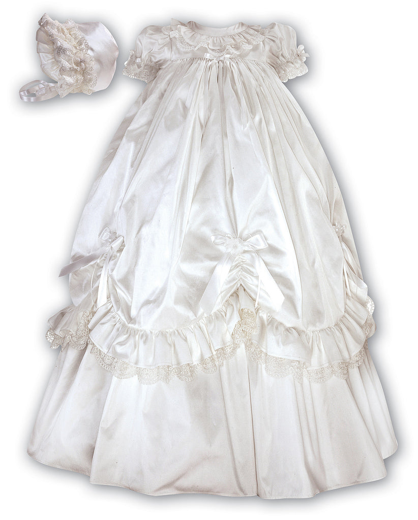 girls 32 white silk christening dress Girls 32" White Silk Christening Baptism Gown with Smocked Bodice