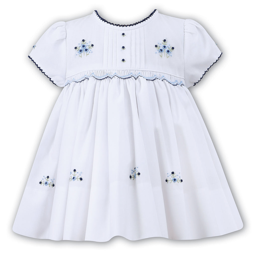 White With Navy Puff Sleeve Smocked Dress