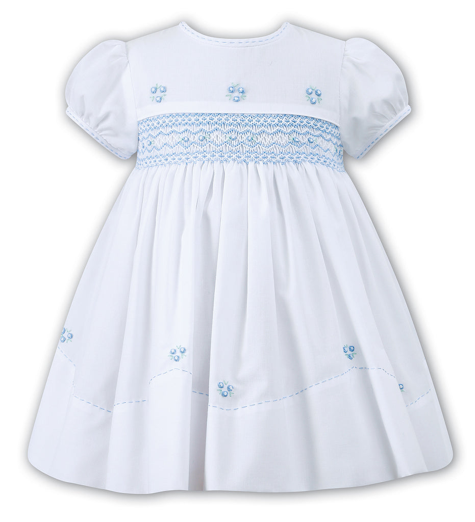 Girls White/Blue Smocked Puff Sleeve Dress Girls White/Blue Smocked Puff Sleeve Dress