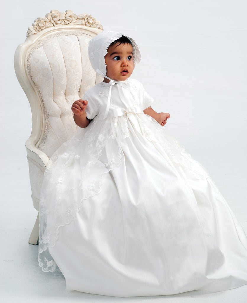 Girls Ivory Silk and Lace Christening Gown & Bonnet Girls Ivory Silk and Lace Christening Gown & Bonnet
