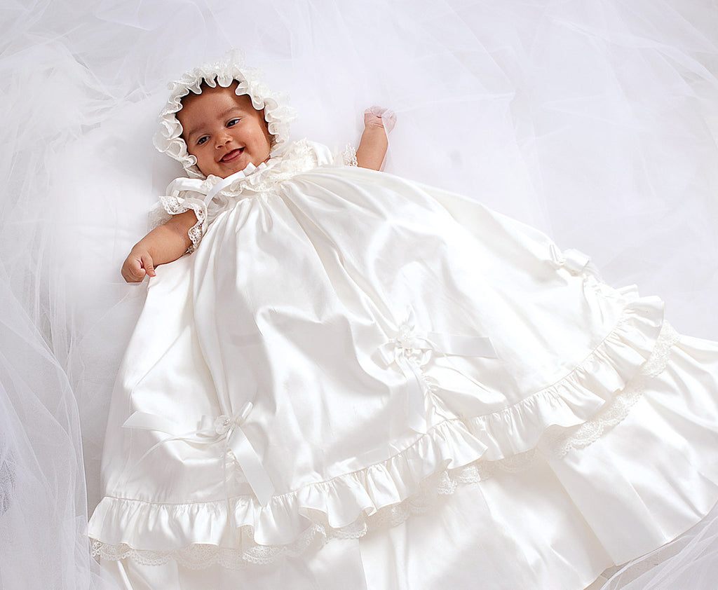 Girls Silk Christening Gown & Bonnet Girls Silk Christening Gown & Bonnet