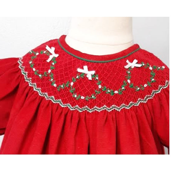 Baby Girls Red Corduroy Smocked Christmas Wreath Bishop Dress - SOLD OUT